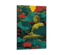 Golden Buddha Amidst Red Lotus Flowers Wall Art, Spiritual Decor For Home And Meditation Room Artistic Wall Mural Modern Hanging Decor Poster24x36inch(60x90cm)
