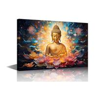 Golden Buddha Statue with Lotus Flowers Canvas Wall Art Buddhism Sitting Zen Painting Wall Decorations for Living Room Yoga Room Religious Theme Pictures for Bedroom Wall Decor 16"Wx24"Hx1 Panel