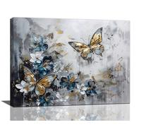 Golden Butterfly Canvas Wall Art Vintage Butterfly Pictures Wall Decor Blue and White Flower Print Painting Artwork Modern Home Decoration for Living Room Bedroom Office Framed 12x16 inch