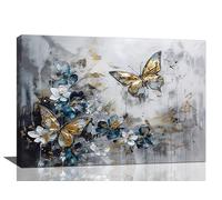Golden Butterfly Canvas Wall Art Vintage Butterfly Pictures Wall Decor Blue and White Flower Print Painting Artwork Modern Home Decoration for Living Room Bedroom Office Framed 16x24 inch