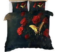 Golden Butterfly Duvet Cover Single Size, Red Roses Comforter Cover Dark Flowers Bedding Set 3 Piece with 2 Pillow Sham with Zipper Closure 135 x 200cm