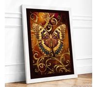 Golden Butterfly Flourish Vintage Framed Wall Art Print A4 (29.7×21cm) White, Wall Decor for Living Room, Bedroom, Office & Home, Ready to Hang, Art Gift