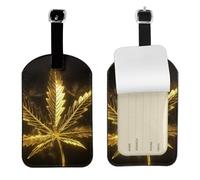 Golden Cannabis Leather Luggage Tag - Personalized PU Leather Travel Bag ID Tag, Double-Sided Design, Privacy Protection, Ideal Travel Accessory