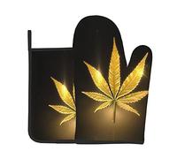 Golden Cannabis Oven Mitts and Pot Holders Sets of 2, Hot Pan Mat, for Cooking, BBQ, Kitchen. Gift for Chef, Lovers, Mom