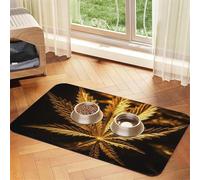 Golden Cannabis Pet Feeding Mat Absorbent Pu Leather Dog Cat Food Mats Contain Spills Protects Floors, Anti-Slip Rubber Backing Dog Bowl Mats Easy Clean Pet Placemats 40x60cm