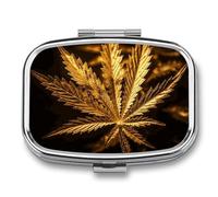 Golden Cannabis Pill Box 2 Compartment - Small Metal Medicine Organizer Portable Pill Case for Purse Pocket Travel Vitamin Organizer for Men Women, BPA-Free