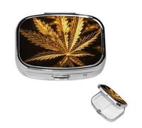 Golden Cannabis Pill Case with Mirror Retro 2 Compartment Pill Box Small Pill Organizer for Purse or Pocket Decorative Metal Medicine Vitamin Organizer Unique Gifts
