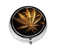 Golden Cannabis Pill Case with Mirror Retro 3 Compartment Pill Box Small Pill Organizer for Purse or Pocket Decorative Metal Medicine Vitamin Organizer Unique Gifts