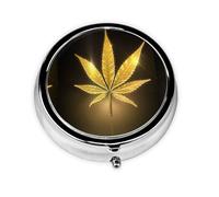 Golden Cannabis Print Pill Box Purse Small Round Pill Case Decorative Box Metal Medicine Vitamin Pill Organizer for Pocket Or Purse
