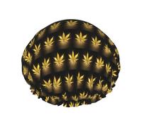 Golden Cannabis Printed Reusable Shower Hats, Double Layer Headgear For Spa And Salon, Large Hair Wrap