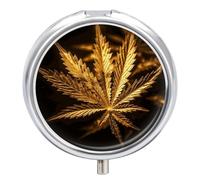 Golden Cannabis Round Pill Box 3 Compartment Medicine Pill Organizer with Mirror Travel Small Pill Case Cute Vitamin Organizer Portable Daily Pill Container for Pocket Purse