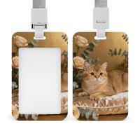 Golden Cat Champagne Pad Id Badge Holder with Breakaway Lanyard Abs Plastic Name Tag Holder Vertical Clear Front Window Push Slide Card Protector Gift for NurseTeacher Office Staff & Events