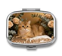Golden Cat Champagne Pad pilldispenser with Mirror 2 Compartments Waterproof PillCase for Purse Pocket Non-Slip Grip Travel Medicine Organizer Container Box for Vitamin Fish Oil Supplement