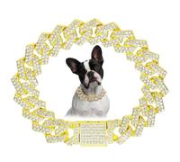 Golden Chain Dog Collar, Rhinestone Dog Necklace Puppy Collars Glitter Chain Bling Diamond Cuban Link for Small Medium Large Pet Dogs 18in
