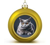 Golden Christmas Ball Ornament - A Gray Cat is Lying Shatterproof Plastic Xmas Tree Decorations, 3 Inch Christmas Tree Decor Hanging Ball for Holiday Wedding Party Decor