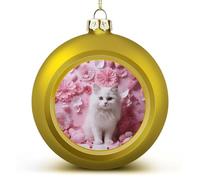 Golden Christmas Ball Ornament - Cat and Heart Shatterproof Plastic Xmas Tree Decorations, 3 Inch Christmas Tree Decor Hanging Ball for Holiday Wedding Party Decor