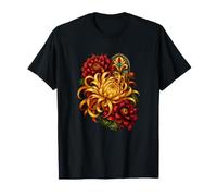 Golden Chrysanthemum Framed by Deep Red Dahlias T-Shirt
