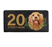 Golden Cocker Spaniel House Number Slate Custom Dog Gate Sign Personalised Name Street Door Plaque KDS30
