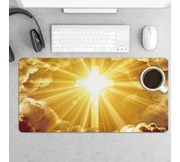 Golden Cross Backdrop with Radiant Light & Heavenly Clouds Large Gaming Mouse Pad 12x24 Inch, Extended Desk Mat with Non-Slip Rubber Base, Waterproof Computer Keyboard & Mouse Pad, XXL Mousepad for Of