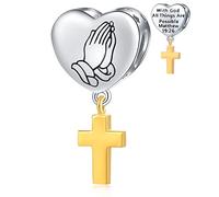 Golden Cross Charms with God All Things are Possible, fit Pandora Religious Bracelet, 925 Sterling Silver Christian Praying Hands Heart Pendant Beads, Gifts for Family/Easter