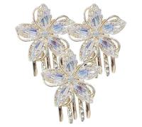 Golden Crystal Flower Hair Claw Clips Mini 3pcs Set | Zinc Alloy Build, Decorative Sparkle Finish, Bangs and Small Sections, Prom and Wedding Guest Styling