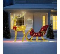 (Golden Deer Pull Cart) Christmas Glow-in-the-Dark Reindeer Sleigh, Outdoor Garden Lawn Decoration with Golden Lights, Suitable for Indoor and Outdoor Holiday Decorations