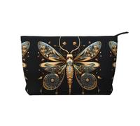 Golden Delicate Dragonfly on Black Background Fashionable Corduroy Cosmetic Bag, Zipper Closure, Suitable for Travel, Camping and Daily use