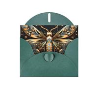 Golden Delicate Dragonfly On Black Background Horizontal Holiday Card With Dark Green Heart Shaped Envelope And Write Various Holiday Greetings