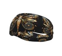 Golden Delicate Dragonfly On Black Background Pattern Sports Sweatband Headscarf Head Bands For Women Men Suitable For Running Yoga Fitness Football
