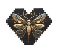 Golden Delicate Dragonfly on Black Background Print Building Brick Block Puzzle - Heart Shaped Picture Puzzles, Wooden Picture Jigsaw Puzzles