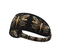 Golden Delicate Dragonfly on Black Background Printed Elastic Sports Headband Stretchy Sports Headband Suitable for Sports Travel and Indoor Fitness