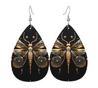 Golden Delicate Dragonfly on Black Background Printed leather earrings with teardrop-shaped dangling design, light and soft.