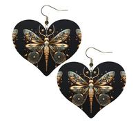 Golden Delicate Dragonfly on Black Background Prints Stylish Heart-Shaped Earrings Lightweight Women'S Accessories Perfect For Parties And Valentine'S Day.