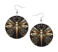 Golden Delicate Dragonfly on Black Background Round Leather Earrings White, Double-Side Printed Drop Dangle Jewelry for Women, for Festival Party Gift