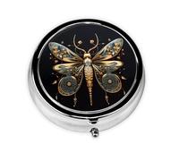 Golden Delicate Dragonfly on Black Background Round mini Pill Box, Lightweight and Portable, with 3 Plastic Inserts, Suitable for Carrying in Pockets or Wallets.