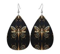 Golden Delicate Dragonfly on Black Background Teardrop-shaped leather earrings, clothing decoration, suitable for festival parties, holidays and daily life
