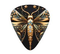 Golden delicate dragonfly on black background the 12-piece guitar picks include three picks: thin, medium and heavy. suitable for electric, acoustic and bass guitars of all strengths