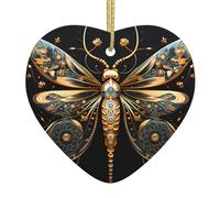 Golden Delicate Dragonfly on Black BackgroundChristmas Heart-Shaped Ceramic Pendant with a Printed Pattern 2.9 inches in Diameter