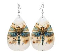 Golden Delicate Dragonfly on Yellow Background double-sided printed leather earrings int and shape of water drops, creative, light and novel, bright and vivid colors.