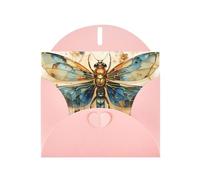 Golden Delicate Dragonfly On Yellow Background Horizontal Holiday Card With Pink Heart Shaped Envelope And Write Various Holiday Greetings