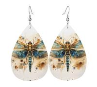 Golden Delicate Dragonfly on Yellow Background Printed leather earrings with teardrop-shaped dangling design, light and soft.
