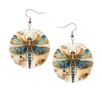Golden Delicate Dragonfly on Yellow Background Round Leather Earrings KC Gold, Double-Side Printed Drop Dangle Jewelry for Women, for Festival Party Gift