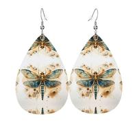 Golden Delicate Dragonfly on Yellow Background Teardrop-shaped leather earrings, clothing decoration, suitable for festival parties, holidays and daily life