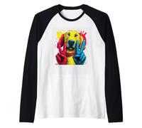 Golden Dog Double Peace Retro Pop Character Graphic Sign Raglan Baseball Tee