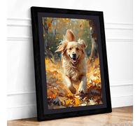 Golden Dog in Autumn Boho Framed Wall Art Print A1 (84.1×59.4cm) Black, Wall Decor for Living Room, Bedroom, Office & Home, Ready to Hang, Art Gift