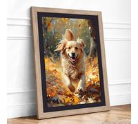 Golden Dog in Autumn Boho Framed Wall Art Print A1 (84.1×59.4cm) Oak, Wall Decor for Living Room, Bedroom, Office & Home, Ready to Hang, Art Gift