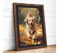 Golden Dog in Autumn Boho Framed Wall Art Print A1 (84.1×59.4cm) Walnut, Wall Decor for Living Room, Bedroom, Office & Home, Ready to Hang, Art Gift