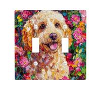 Golden Doodle Dog Decorative Light Switch Cover Plate 2 Gang Double Toggle, Oil Painting Peach Flower Electrical Faceplate for Kitchen Bathroom, Pet Switchcover Decor