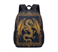 Golden Dragon Backpack 17 Inch for School Kids Teens, Celestial Moon Star Astrology Print, Vintage Mystical Fantasy Student Bag (03)