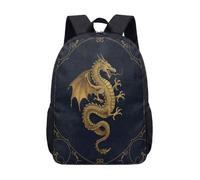 Golden Dragon Backpack 17 Inch for School Kids Teens, Celestial Moon Star Astrology Print, Vintage Mystical Fantasy Student Bag (02)